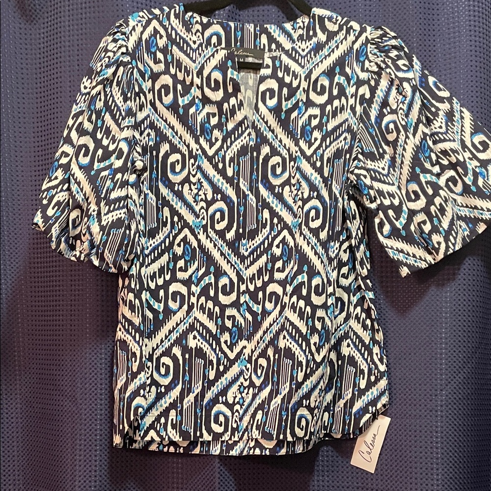 Geometric Patterned Blouse - Black and Blue